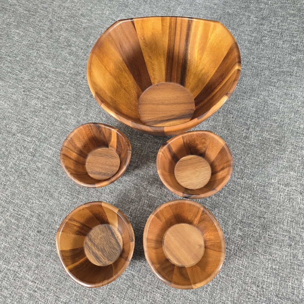 Lipper International Acacia Wood Salad Bowl Set 5pc Wavy Rim Made in Thailand